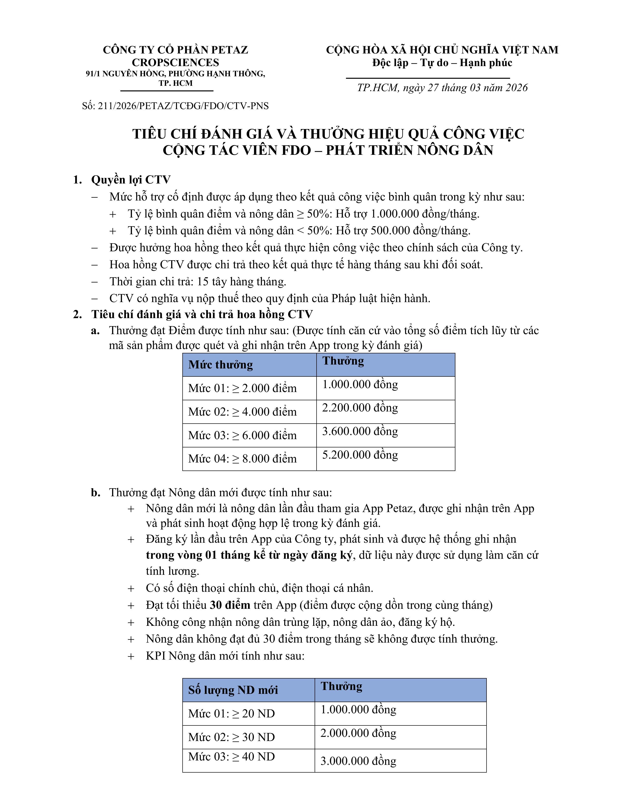TIÊU CHÍ ĐÁNH GIÁ VÀ THƯỞNG HIỆU QUẢ CÔNG VIỆC CỘNG TÁC VIÊN FDO – PHÁT TRIỂN NÔNG DÂN