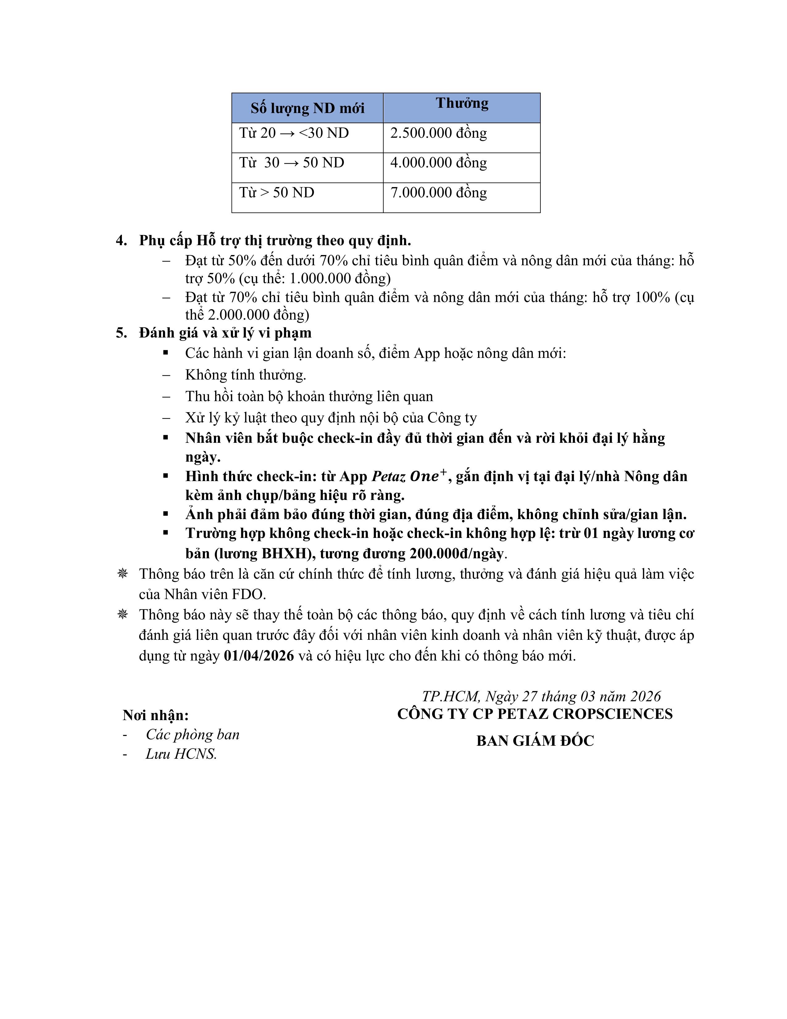 TIÊU CHÍ ĐÁNH GIÁ VÀ THƯỞNG HIỆU QUẢ CÔNG VIỆC NHÂN VIÊN FDO – PHÁT TRIỂN NÔNG DÂN