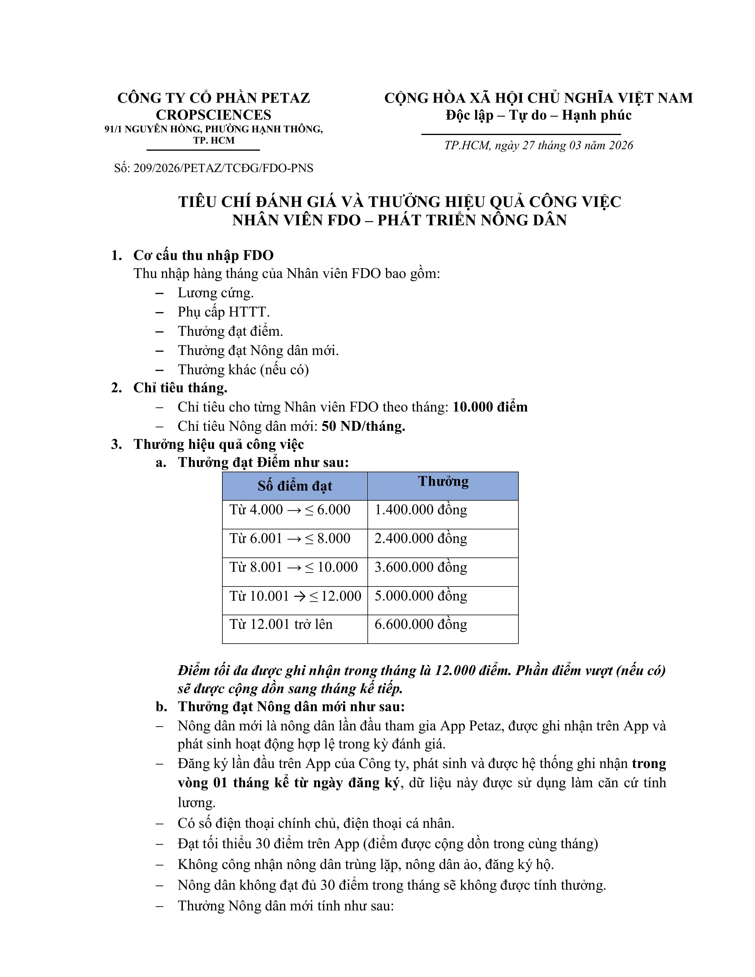 TIÊU CHÍ ĐÁNH GIÁ VÀ THƯỞNG HIỆU QUẢ CÔNG VIỆC NHÂN VIÊN FDO – PHÁT TRIỂN NÔNG DÂN